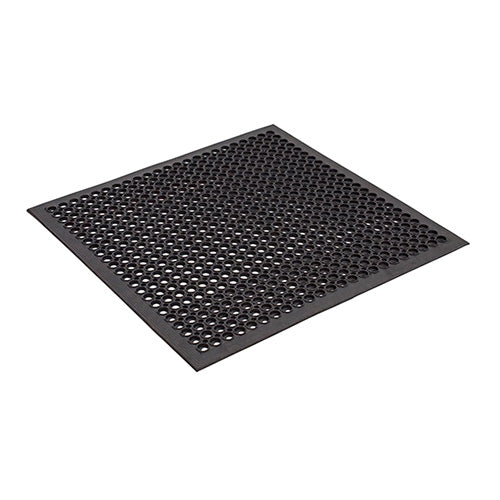 Safety Cushion Mat: 900 x 900mm, a black rubber mat with holes for anti-fatigue and spill management, ideal for wet areas, featuring beveled edges and non-skid properties for workplace safety.