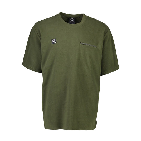 Swanndri Catlins Fleece T-Shirt featuring a chest zip pocket and brand patch, designed for versatile wear with lightweight, anti-pill polar fleece fabric. Ideal for layering in various weather conditions.