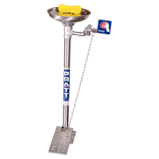 Pratt Pedestal Mounted Eye/Face Wash featuring a stainless steel bowl, hand and foot operation, and ABS nozzle assembly, designed for optimal decontamination with AEROSTREAM and SWIRLTECH technologies.
