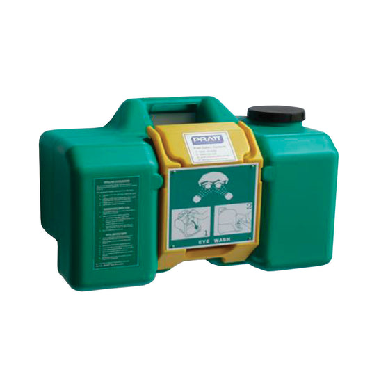 Pratt Portable Eye Wash Station 35L with black lid, ideal for workplaces without plumbed water. Provides first aid for chemical burns. Includes SE4764 Water Preservative; made of durable polyethylene.