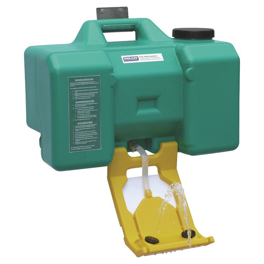 Pratt Portable Eye Wash Station 35L, a polyethylene container with yellow handle, ideal for workplaces lacking plumbed water. Features include water outlet and a secure design for emergency eye treatment.