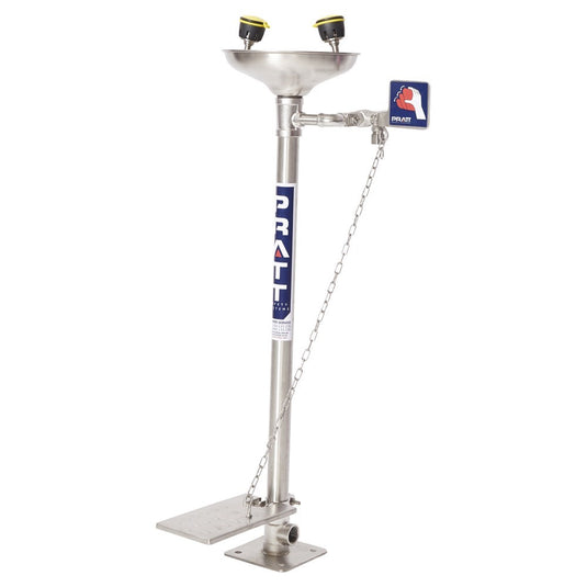Pratt Pedestal Mounted Eye Wash Station with stainless steel bowl and assembly, featuring push handle and foot treadle operation, chain attachment, and AEROSTREAM and SWIRLTECH technology for effective decontamination.