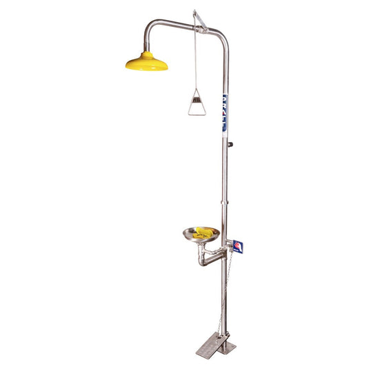 Pratt Emergency Shower/Eyewash Station featuring a yellow-lit metal pole, stainless steel eyewash bowl, and ABS chemical-resistant shower head, equipped with hand and foot operation for optimal safety decontamination.
