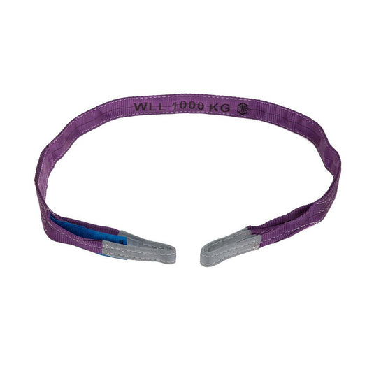 LINQ Flat Sling 8:1 WLL Polyester 1T 2.0M, featuring reinforced eyes and capacity stripes, designed for overhead lifting with a 1,000 kg load limit, ideal for safety and load-securing tasks.