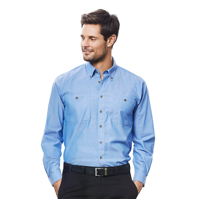 Load image into Gallery viewer, Biz Mens Chambray Long Sleeve Shirt featuring button-down collar, chest pockets, and twin-needle stitching. Ideal for active safety environments with its wrinkle-resistant cotton and practical design.