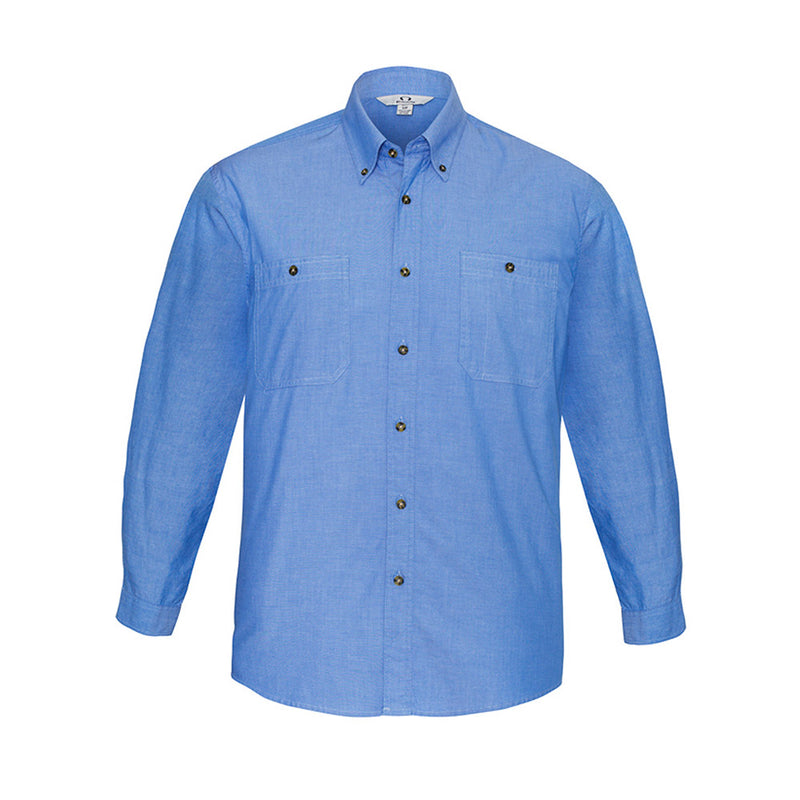 Load image into Gallery viewer, Biz Mens Chambray Long Sleeve Shirt features a button-down collar and two chest pockets with pen pocket, showcasing durable twin-needle stitching. Ideal workwear from Active Safety, emphasizing performance and practicality.