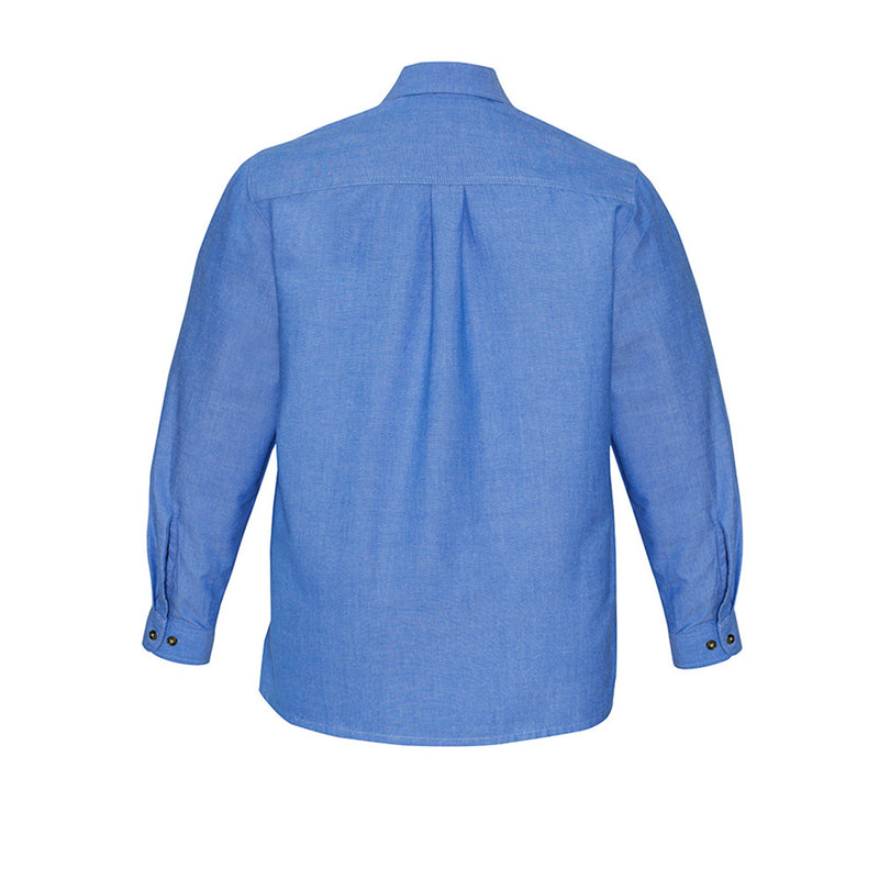 Load image into Gallery viewer, Biz Mens Chambray Long Sleeve Shirt features a classic workwear design with a button-down collar, twin-needle stitching, and two chest pockets, ideal for workplace safety and comfort.