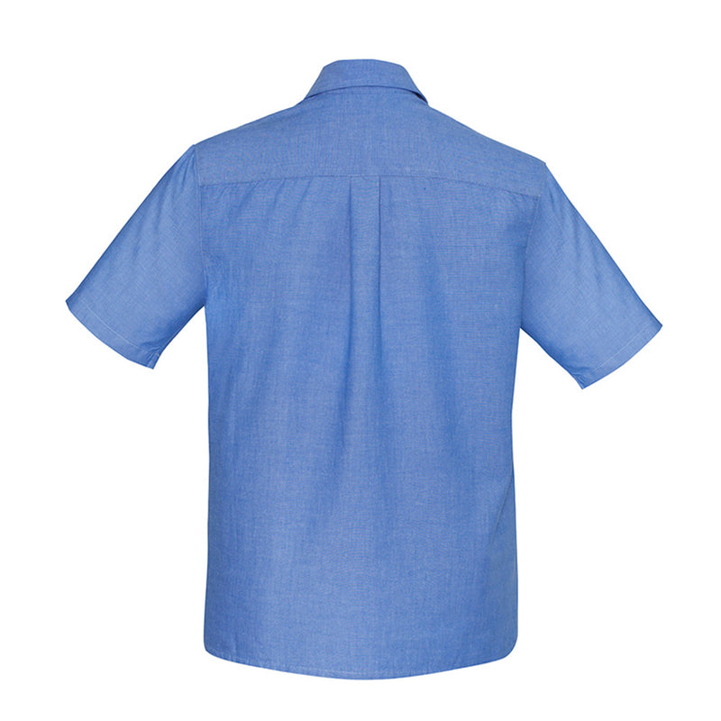 Load image into Gallery viewer, Biz Chambray Short Sleeve Shirt, featuring a traditional fit with short sleeves, chest pockets, and twin-needle stitching, made from wrinkle-resistant 100% cotton chambray fabric, perfect for workplace attire.