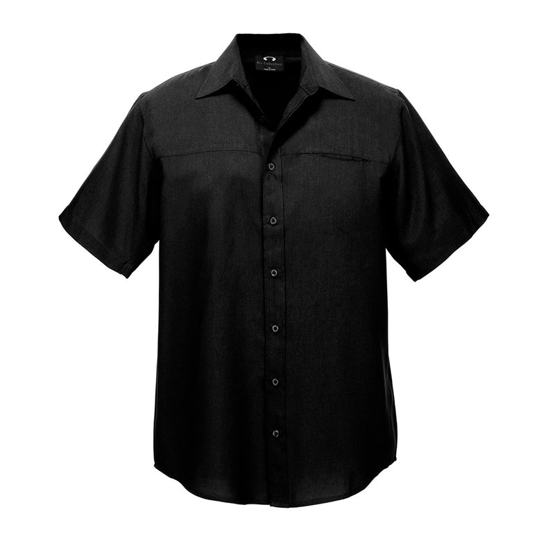 Load image into Gallery viewer, Biz Mens Oasis Short Sleeve Shirt, made from BIZ COMFORTCOOL™ fabric, features a standard collar, jet chest pocket, and curved hem, ideal for workplace comfort and performance with moisture-wicking and quick-drying properties.