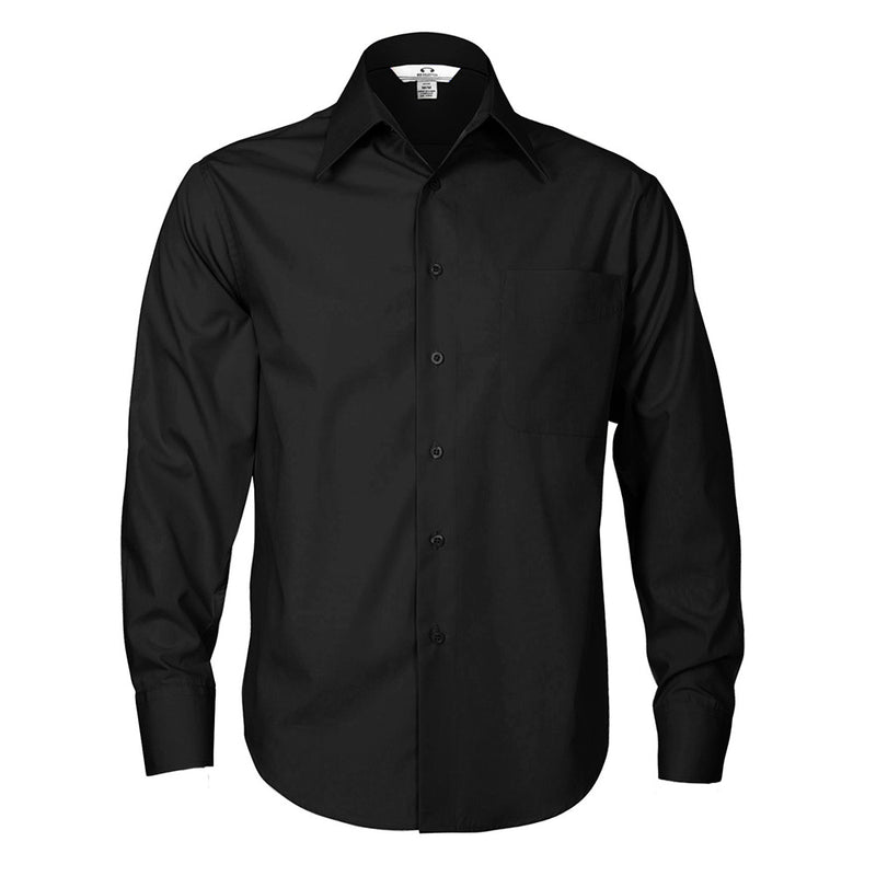 Load image into Gallery viewer, Biz Men's Metro Long Sleeve Shirt featuring a button-up design, standard collar, and left chest pocket. Made from durable polyester-cotton fabric with a modern tapered fit, ideal for workplace and casual settings.