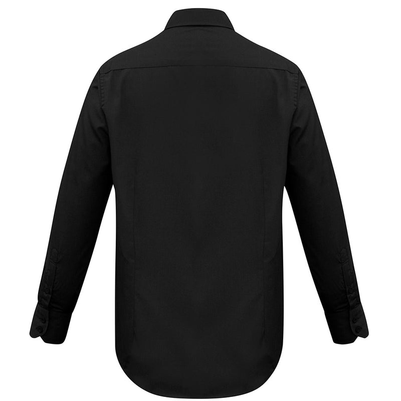 Load image into Gallery viewer, Biz Men's Metro Long Sleeve Shirt, featuring a modern, tapered fit with a curved hem, standard collar, and left chest pocket, ideal for professional and safety-focused environments.