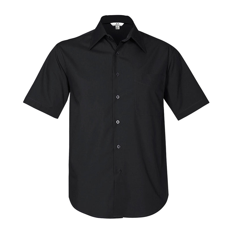 Load image into Gallery viewer, Biz Men's Metro Short Sleeve Shirt, featuring a standard collar, short sleeves, buttons, and a left chest pocket, crafted from a durable polyester-cotton blend with a modern, tapered fit and curved hem.