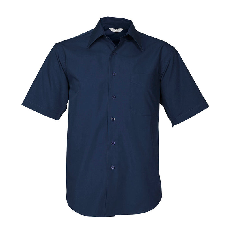 Load image into Gallery viewer, Biz Men's Metro Short Sleeve Shirt showcases a modern, tapered fit with a standard collar and left chest pocket, ideal for workplace uniform needs, crafted from durable polyester-cotton poplin.