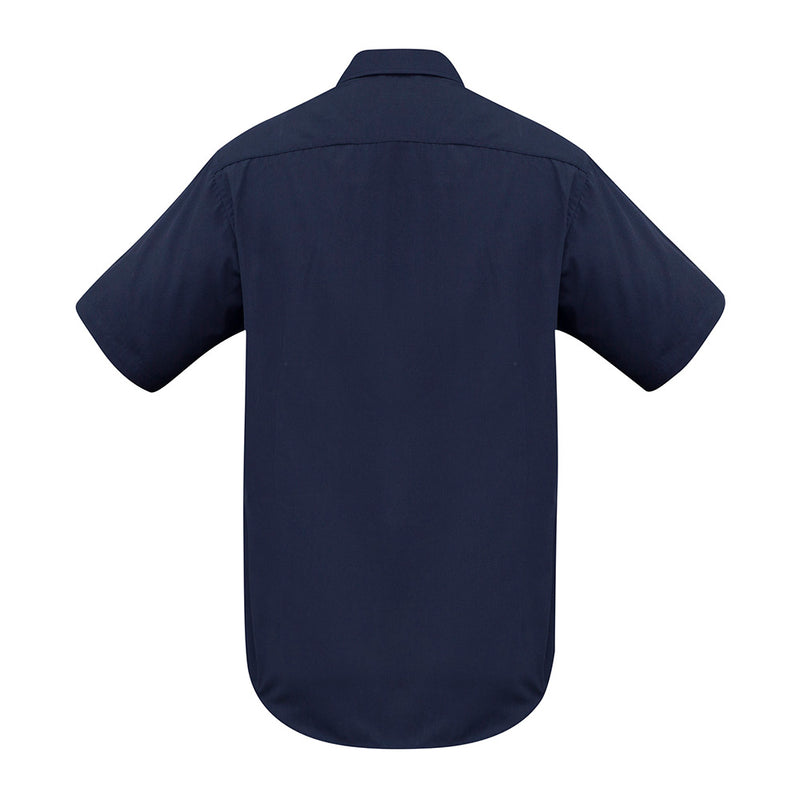 Load image into Gallery viewer, Biz Men's Metro Short Sleeve Shirt from Active Safety, showcasing a modern tapered fit with a curved hem. Features visible include a standard collar, left chest pocket, and short sleeves made of polyester-cotton blend.