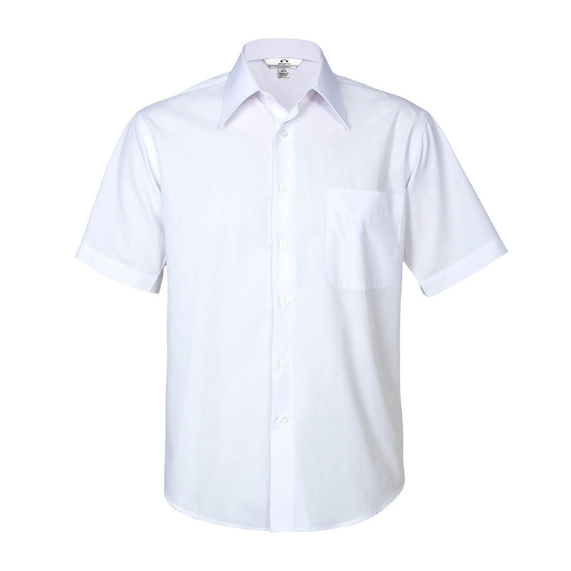 Load image into Gallery viewer, Biz Men's Metro Short Sleeve Shirt, featuring a standard collar, left chest pocket, and tapered fit, made from 65% polyester and 35% cotton poplin. Ideal for modern workwear in safety-focused environments.