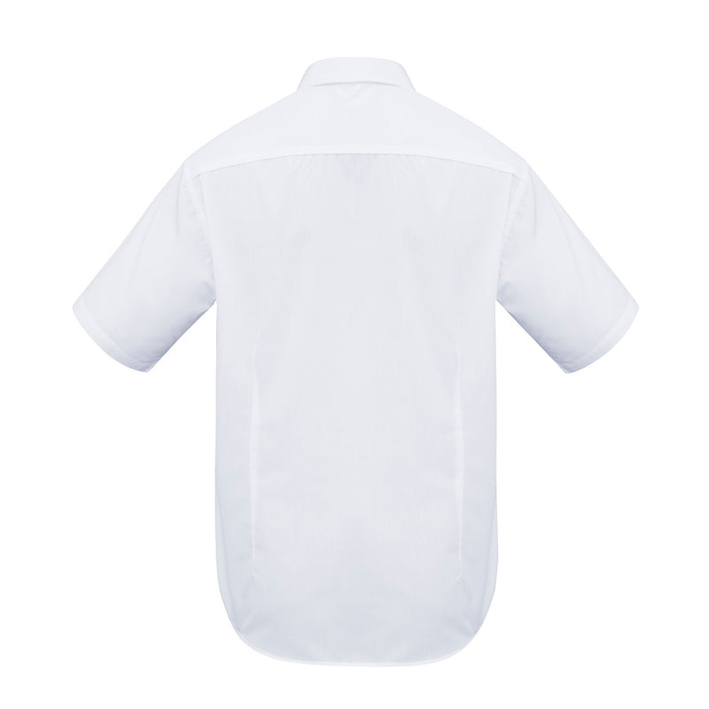 Load image into Gallery viewer, Biz Men's Metro Short Sleeve Shirt featuring a modern tapered fit, standard collar, and left chest pocket, crafted from polyester-cotton blend, suitable for workplace safety and professional settings.