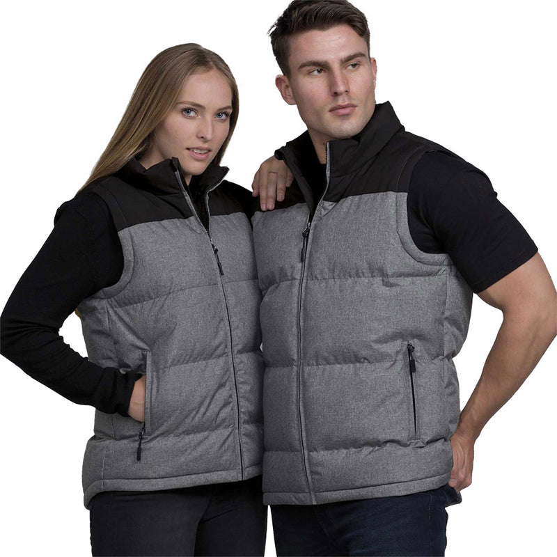 Load image into Gallery viewer, Axle Puffa Vest, Grey Melange/Black, showcases a classic fit with quilted stitch detailing and a contrast padded collar. Featuring practical zippered pockets and an adjustable hood, it offers weather resistance and comfort.