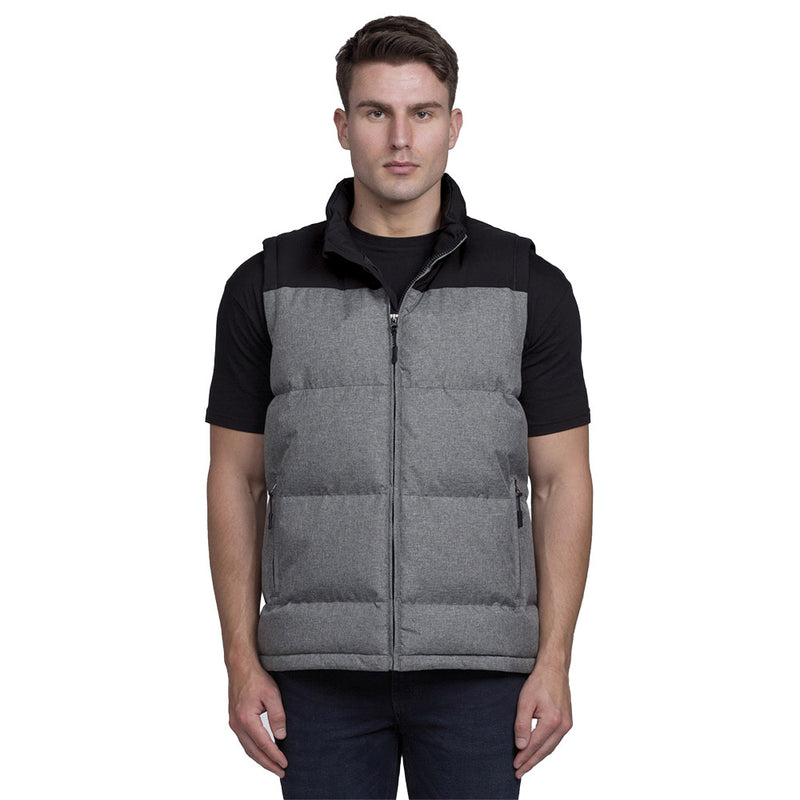 Load image into Gallery viewer, Axle Puffa Vest, Grey Melange/Black, features a quilted design with contrast shoulder panels and a padded collar. Equipped with zippered pockets and an adjustable hem, it offers weather-resistant protection and functionality.