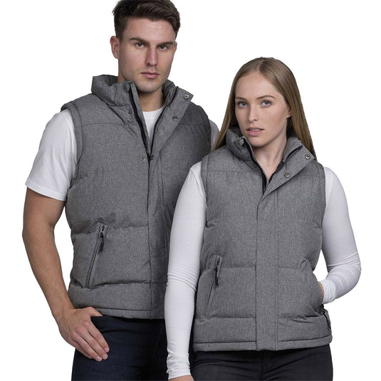 Basin Puffa Hooded Vest, Grey, showcases quilted stitch detailing and a padded collar, featuring a 10,000mm waterproof rating, zippered pockets, and an adjustable hem, ideal for unpredictable weather conditions.