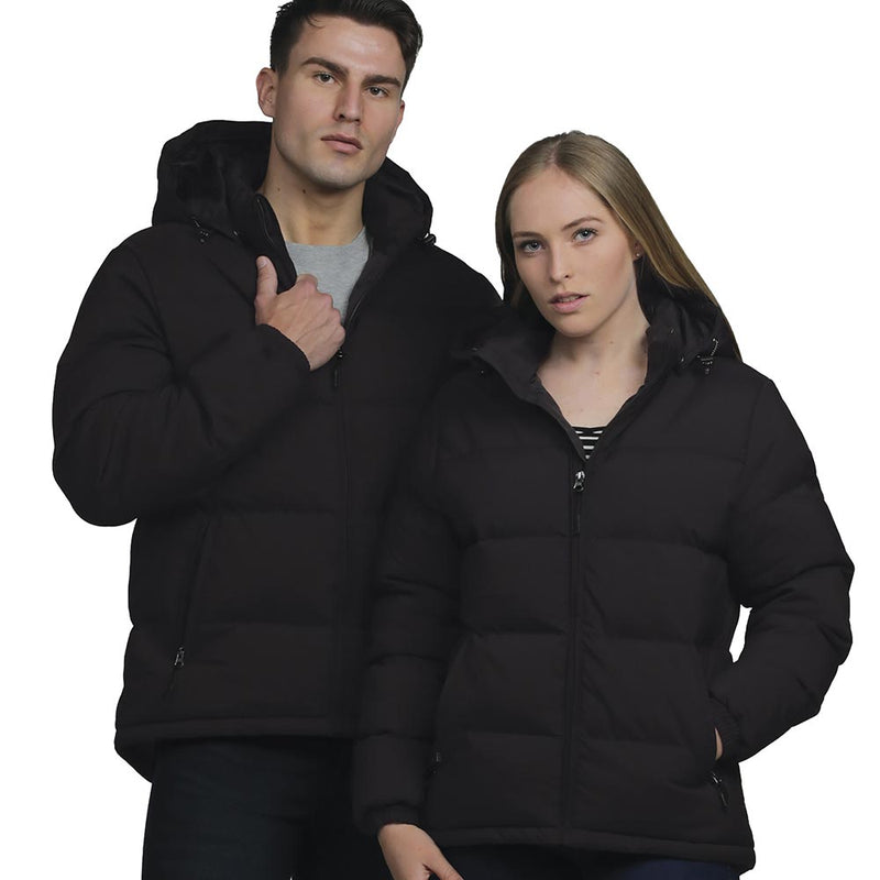 Load image into Gallery viewer, Edge Unisex Puffa Jacket, Black, showcases a man and woman modeling its sleek design, featuring horizontal quilting, a padded hood, and zippered pockets, epitomizing durable warmth and style for safety-conscious wearers.