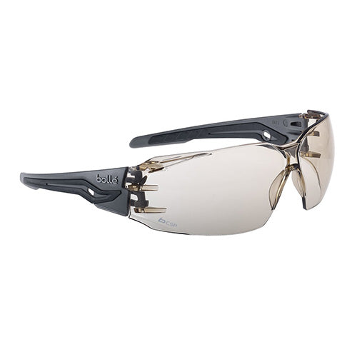 Bolle Silex+ Safety Glasses: CSP featuring ultra-wraparound frame and panoramic vision, highlighted in a close-up emphasizing the sleek design and comfort-focused PC/TPR co-injected temples, ideal for workplace safety.