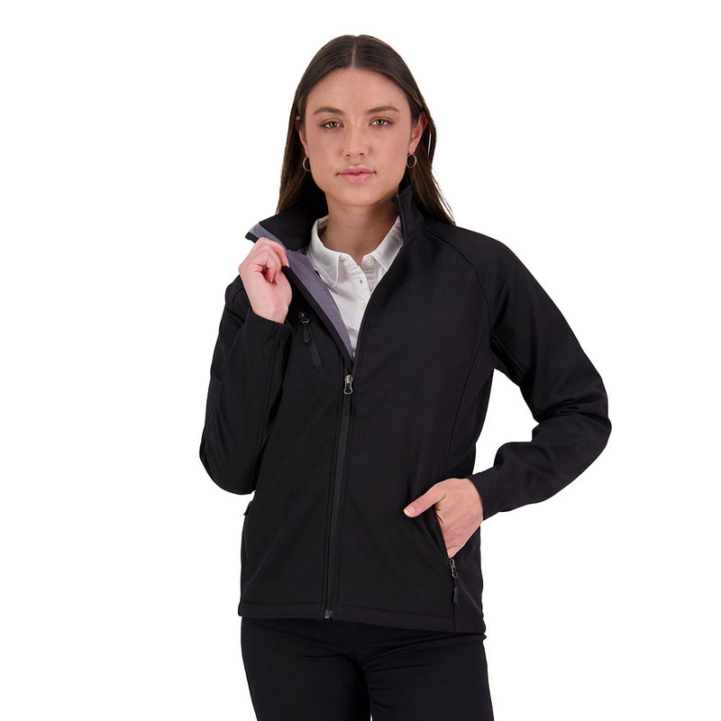 Load image into Gallery viewer, PRO2 Womens Softshell Jacket, Black, features a sleek design with quality YKK zips, zippered hand pockets, and an adjustable waist, embodying Active Safety's high-performance standards with windproof and water-resistant capabilities.
