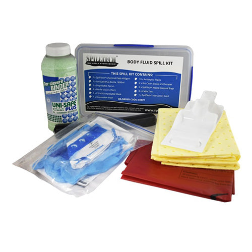 SpillTech Body Fluid Spill Kit 50 Litre featuring a container and stack of absorbent napkins, designed for effective cleanup of hazardous spills, ideal for safety-conscious environments like schools and medical facilities.
