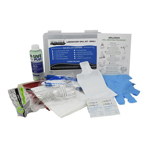 SpillTech Lab Spill Kit - 6L (Wall Mount) featuring a spray bottle, blue gloves, and a white plastic bag, ideal for safely managing chemical spills in laboratories.