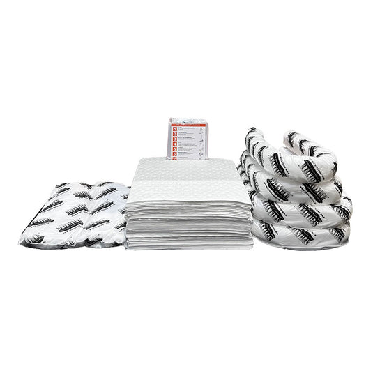 Oil Spill Refill Kit 120 Litre featuring stacked white bags and sheets, including SpillTech Oil Only Pads, Socks, and SpillFix Bags, designed for efficient oil spill management and safety compliance.