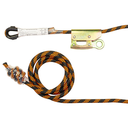 QSI 20M Kernmantle Rope with Rope Grab, featuring a robust 11mm polyester sheath for edge protection, ideal for height safety. Includes FAD rope grab attachment and sewn eye/stop knot at each end.