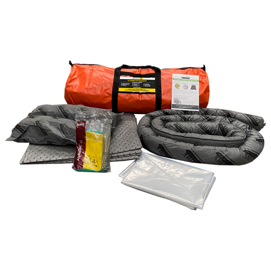 SpillTech Universal Spill Kit 25 Litre displayed in a slimline waterproof carry bag, featuring absorbent pads, a sock, a pillow, chemical gloves, disposal bags, cable ties, and an instruction card.