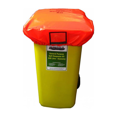 SpillTech Wheelie Bin Cover designed for emergency spill response, featuring a secure elastic fit and a clear front pocket for documentation, enhancing visibility and preventing misuse of spill kits.