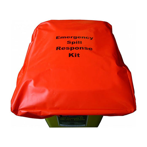 SpillTech Wheelie Bin Cover designed for clear Emergency Spill Response Kit visibility, fits 100L or 120L bins securely with elastic, featuring a front pocket for easy access to documentation.