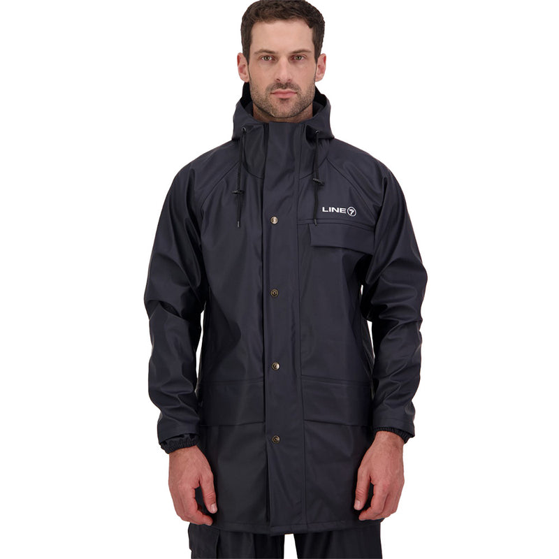 Load image into Gallery viewer, Line 7 Aqua Max Waterproof Jacket, worn by a bearded man, features a packaway hood, fleece-lined collar, heavy-duty zip, and storm flaps, ideal for safety-focused outdoor activities.
