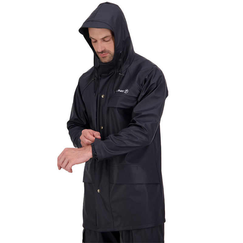 Load image into Gallery viewer, Line 7 Aqua Max Waterproof Jacket showcased on a man, featuring an adjustable hood, polar fleece collar, and secure chest pocket, ideal for active safety and workplace environments.