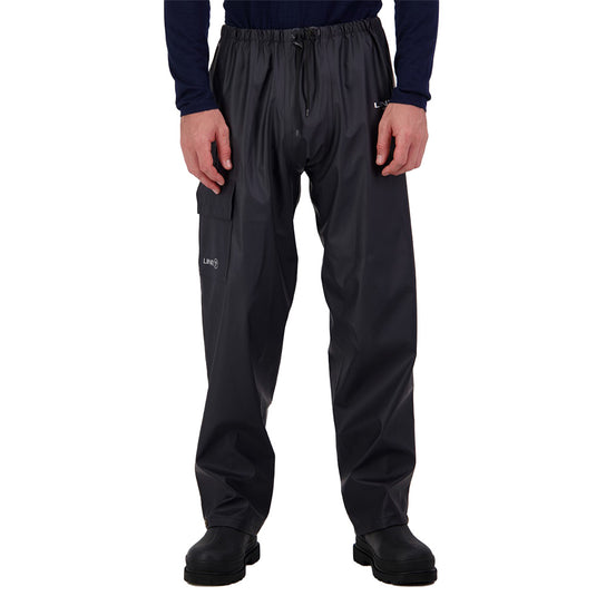 Line 7 Aqua Max Waterproof Overtrouser, worn by a person, showcasing its adjustable waist and secure pockets, designed for flexibility and protection, ideal for active safety and work environments.