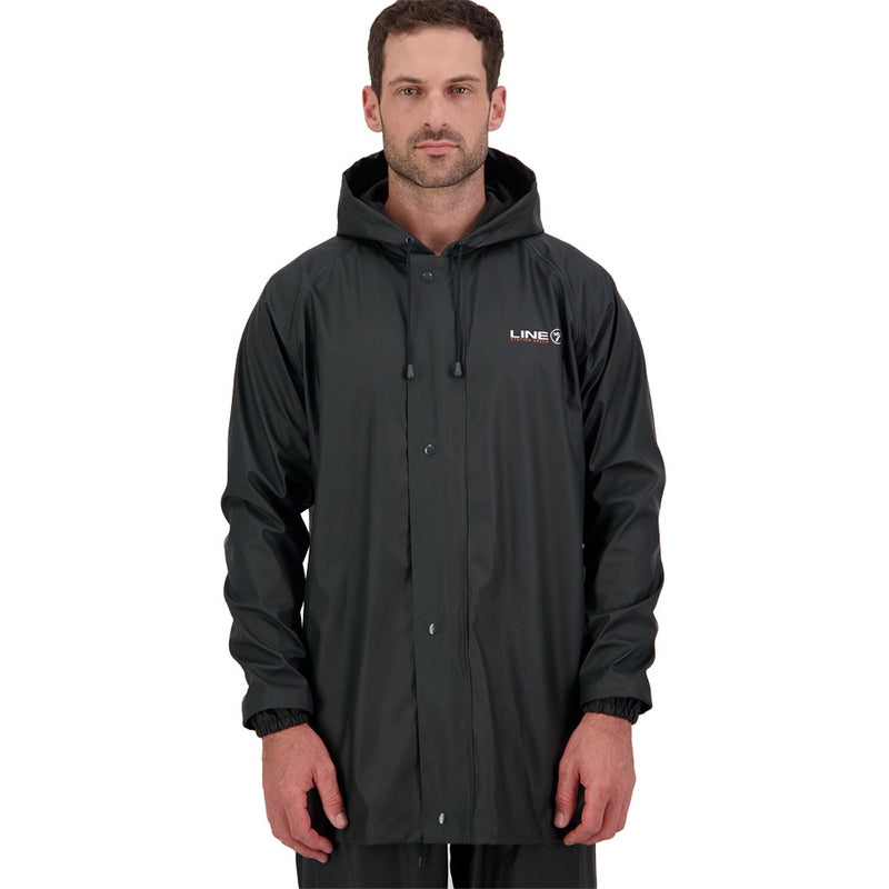 Load image into Gallery viewer, Line 7 Station Jacket V2, Green, worn by a man. The jacket is waterproof and flexible, suitable for challenging weather and tasks, featuring a hood, raglan sleeves, and a durable design.