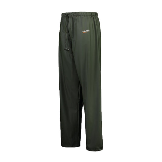 Line 7 Station Green Waterproof Overtrouser with adjustable waistband and domed cuffs, designed for durability and flexibility, ideal for wet conditions and outdoor tasks.