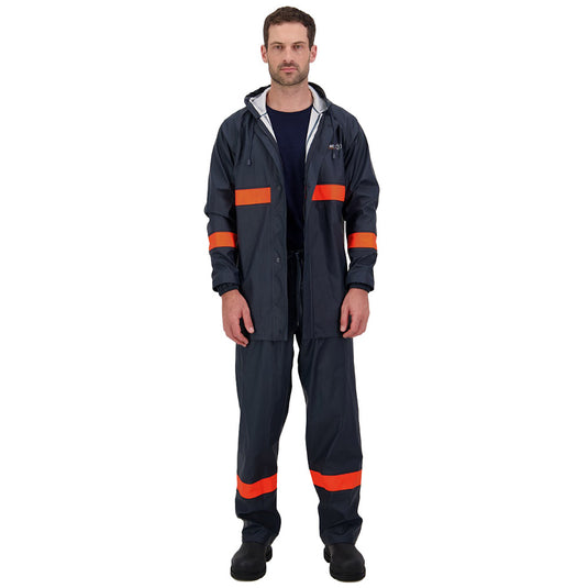 Line 7 Station Jacket & Overtrouser Set, featuring protective workwear with waterproof, windproof fabric and safety fluoro bands, modeled by a man, ideal for New Zealand's safety-conscious environments.