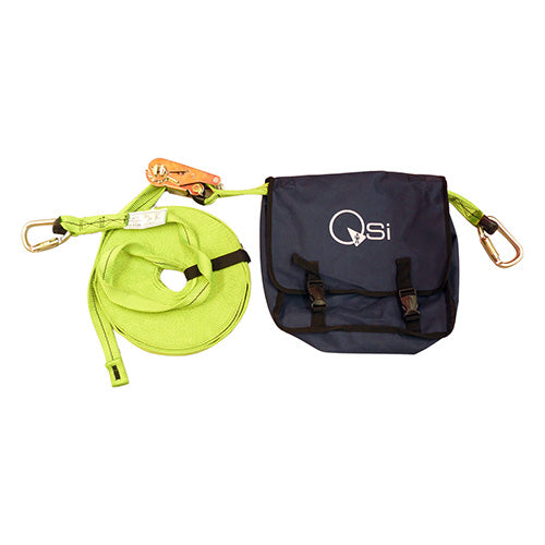 QSI Static Line 20M displayed with green strap; a robust safety accessory designed for secure anchoring, ideal for workplace safety. Suitable for two users, enhancing movement freedom.