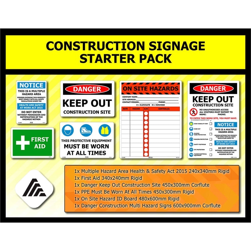 Load image into Gallery viewer, Construction Signage Starter Pack featuring six essential safety signs, including multiple hazard warnings, PPE requirements, and first aid, ideal for ensuring compliance and safety on active construction sites.