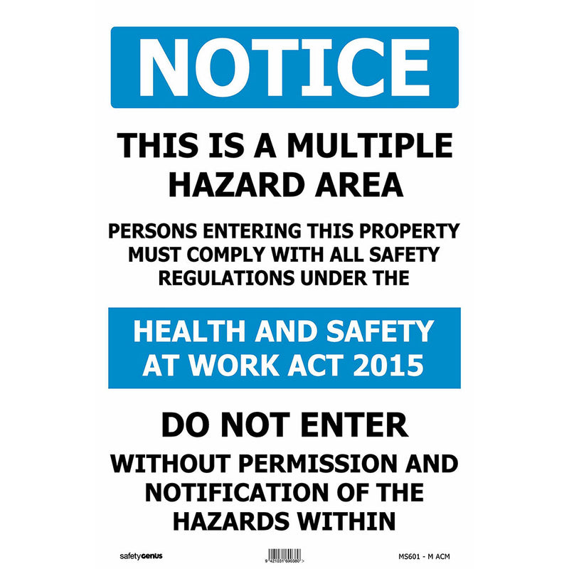 Load image into Gallery viewer, Construction Signage Starter Pack featuring a Multiple Hazard Area workplace safety sign, emphasizing compliance with the Health and Safety at Work Act 2015. Includes various ACM and Corflute safety signs for hazard identification.