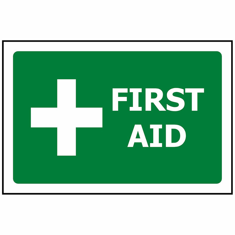 Load image into Gallery viewer, Construction Signage Starter Pack featuring a white cross on a green background with FIRST AID text, ideal for enhancing workplace safety. Includes multiple hazard signs for comprehensive site protection.