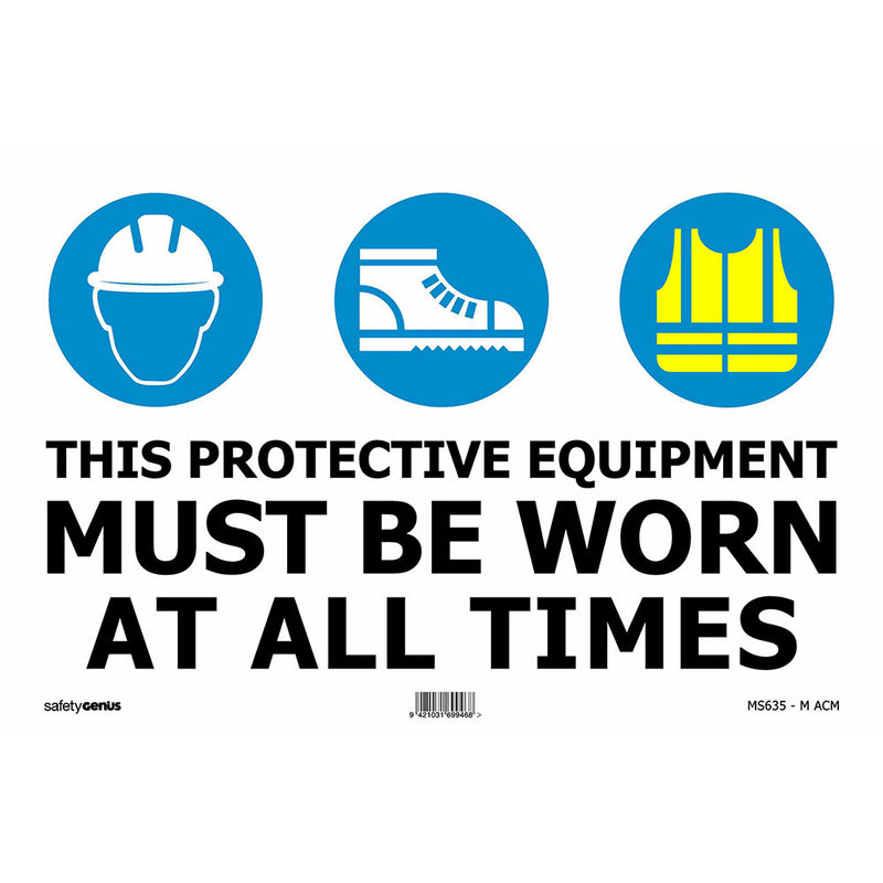Load image into Gallery viewer, Construction Signage Starter Pack includes a PPE safety sign with icons of a helmet, boots, and vest, emphasizing the mandatory use of personal protective equipment at all times on site.