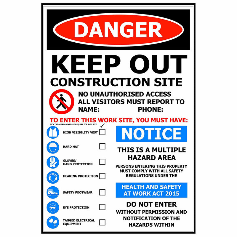 Load image into Gallery viewer, Construction Signage Starter Pack includes essential safety signs for construction sites: a Danger Keep Out sign, PPE checklist, and hazard warnings. Ideal for maintaining compliance and safety in high-risk areas.
