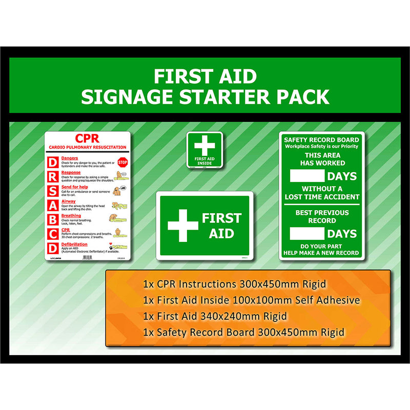 Load image into Gallery viewer, First Aid Signage Starter Pack from Active Safety featuring CPR instruction board, self-adhesive First Aid Inside sign, First Aid sign, and Safety Record Board, ideal for workplace safety enhancement.