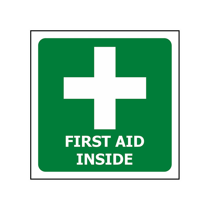 Load image into Gallery viewer, First Aid Signage Starter Pack featuring a green sign with a white cross and FIRST AID INSIDE text, designed for indicating first-aid locations in workplaces.
