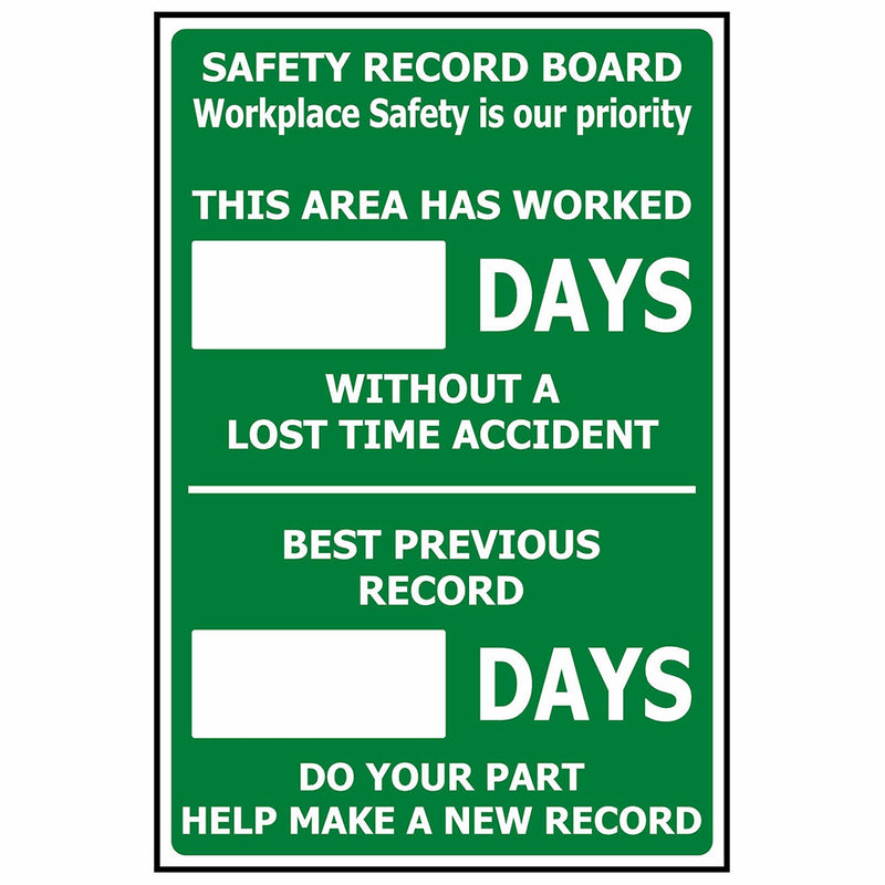 Load image into Gallery viewer, First Aid Signage Starter Pack includes a laminated Safety Record Board sign, displaying sections for updating days without accidents, promoting workplace safety, aligning with Active Safety's commitment to safety and workplace supplies.