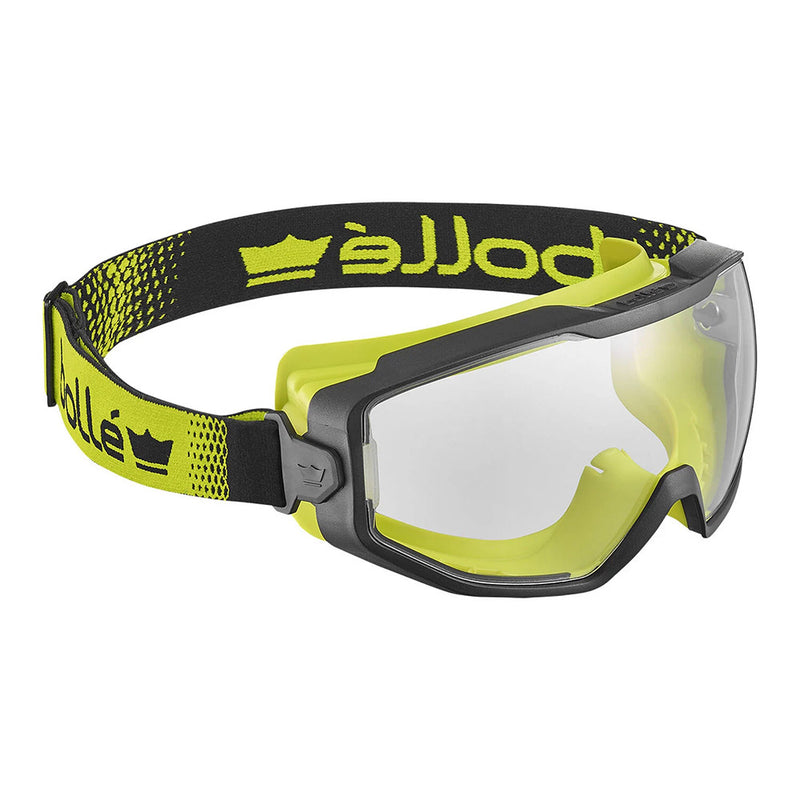 Load image into Gallery viewer, Bolle Spectrum Goggle Vented: Clear, featuring a bi-material frame and adjustable strap for optimal comfort and fit. These safety goggles offer panoramic vision and are ideal for indoor use with clear lenses.
