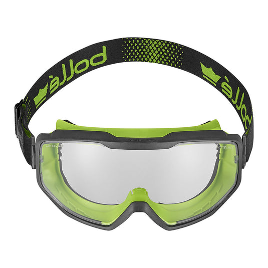 Bolle Spectrum Sealed Goggle: Clear, featuring a bi-material frame with adjustable strap, provides optimal panoramic vision and comfort. It includes a soft gasket to fit most face structures, enhancing safety and productivity.